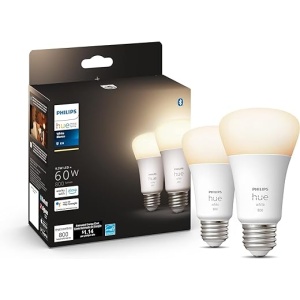 Set of 2 Philips Hue Smart A19 LED Bulbs, 60W Equivalent, Soft Warm White Light, 800LM, E26 Base, Indoor Use, Hue App Control, Compatible with Alexa, Google Assistant, and Apple…